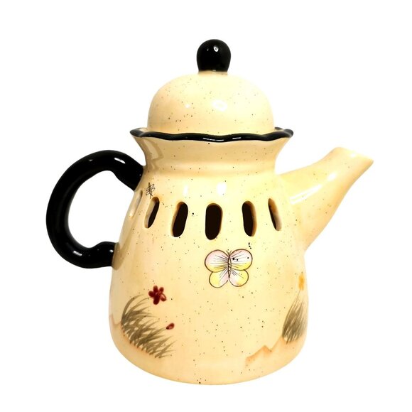 Home Interiors Tea Pot Ceramic Tea Light Candle Holder Butterfly Design 7x8" - Picture 3 of 7